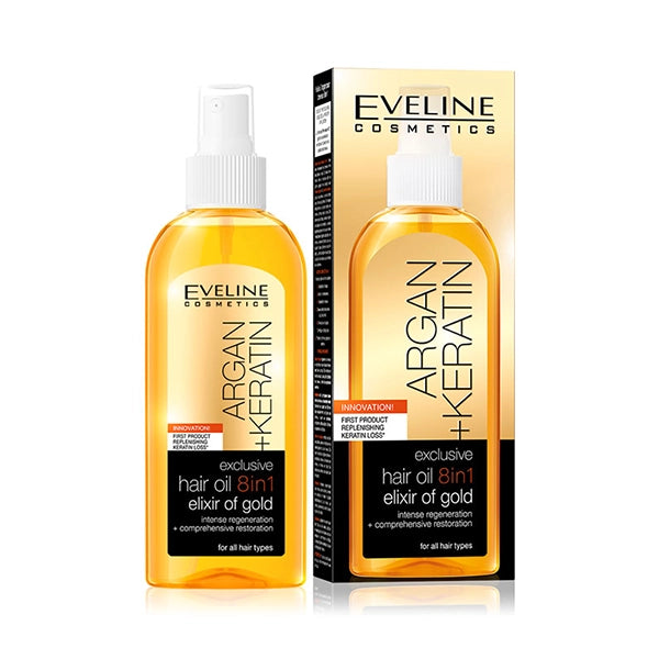Eveline Argan &amp; Keratin Hair Oil 8 In 1 Elixir Of Gold 150ml