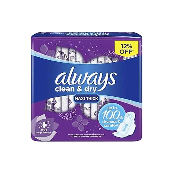 Always Clean &amp; Dry Maxi Thick Large Wings  18 Pads