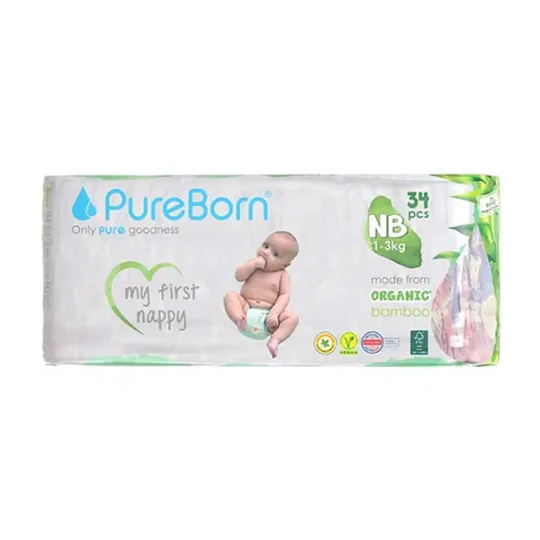 Pure Born Organic Bamboo Baby Diapers Size 1 (1-3kg) 34's