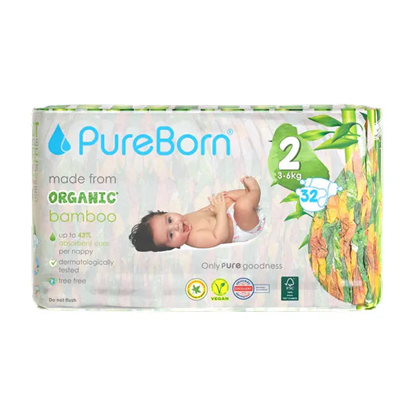 Pure Born Organic Bamboo Baby Diapers Size 2 (3-6kg) 32's