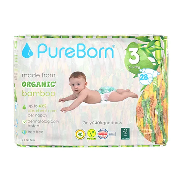Pure Born Organic Bamboo Baby Diapers Size 3 (5.5-8kg) 28's