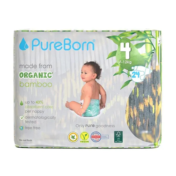 Pure Born Organic Bamboo Baby Diapers Size 4 (7-12kg) 24's