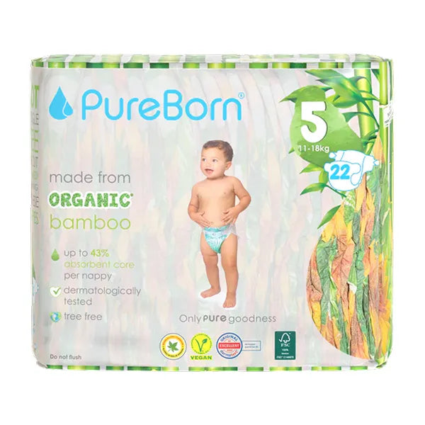 Pure Born Organic Bamboo Baby Diapers Size 5 (11-18 Kg) 22's