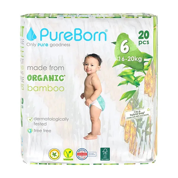 Pure Born Organic Bamboo Baby Diapers Size 6 (16-20 Kg) 20's