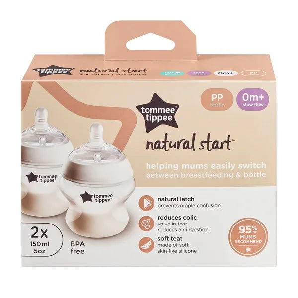 Tommee Tippee Natural Start 2x 150ML Plastic Bottle Ex/Slow Flow Teat 0m+