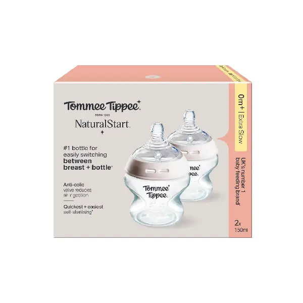 Tommee Tippee Natural Start 2x 150ML Plastic Bottle Ex/Slow Flow Teat 0m+