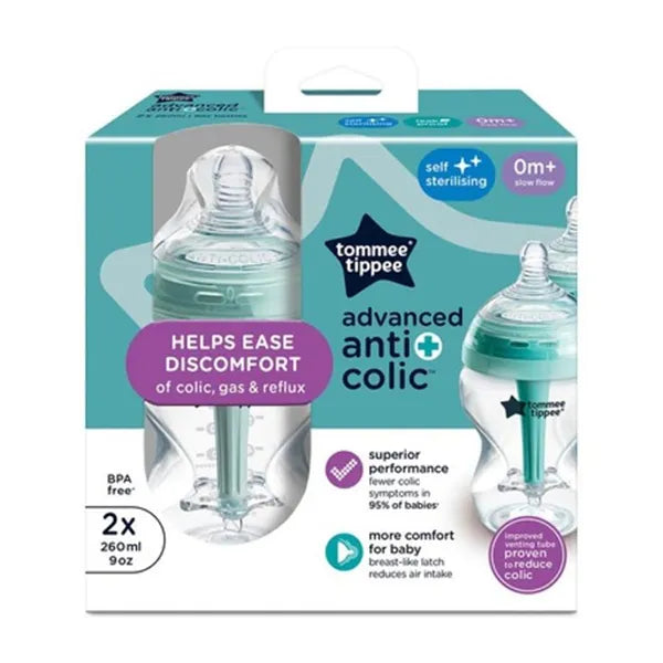 Tommee Tippee Advanced Anti-colic 2x 260ML Plastic Bottle 0m+ 